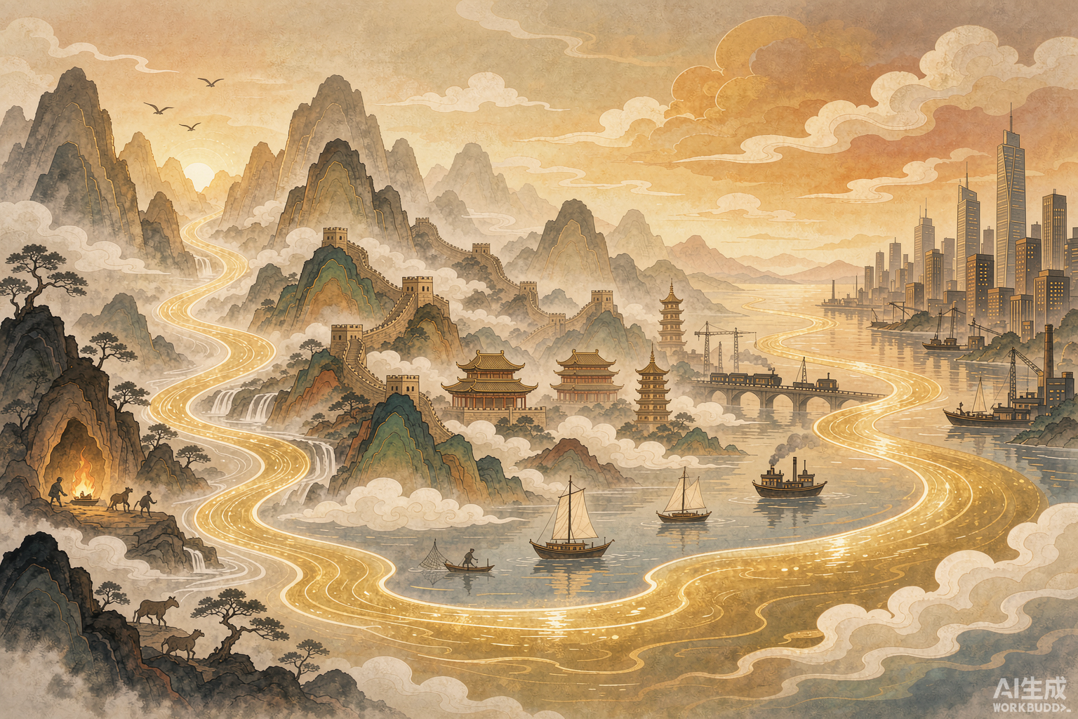 中华历史长卷插画：金色长河从远古流向现代都市